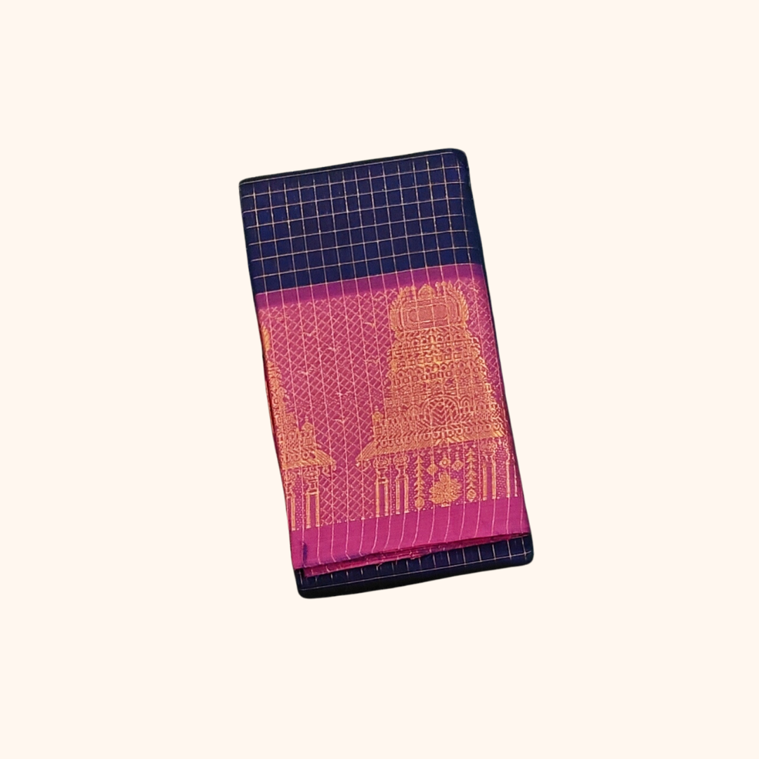 Navy Blue Chettinad Cotton Saree with Gopuram Border