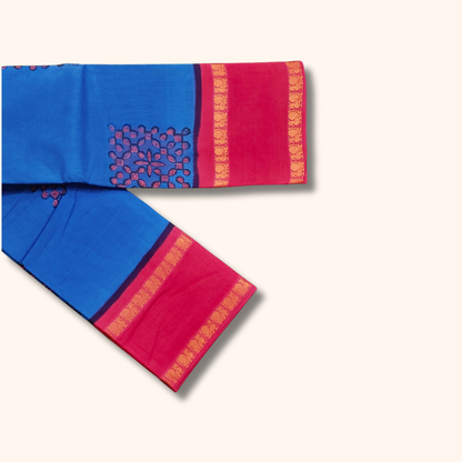 Blue Cotton Saree with Pink Border – Running Blouse