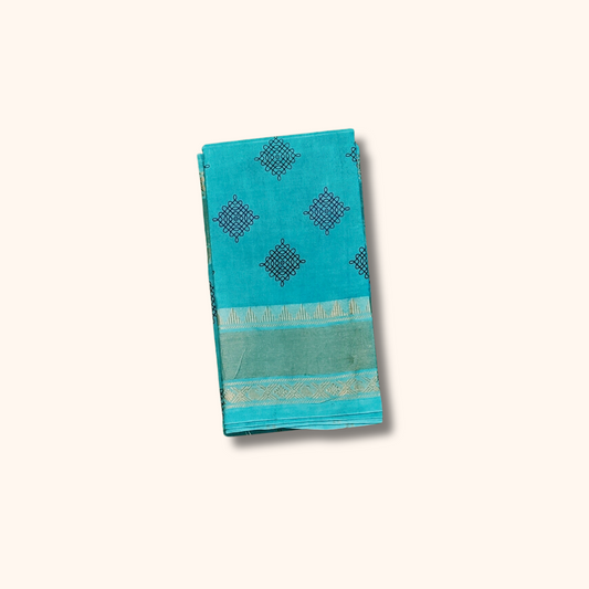Turquoise Blue Kolam Design Sungudi Cotton Saree with Zari Border