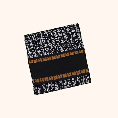 Dark Navy Blue Tamil Script Print Cotton Saree Peacock Border