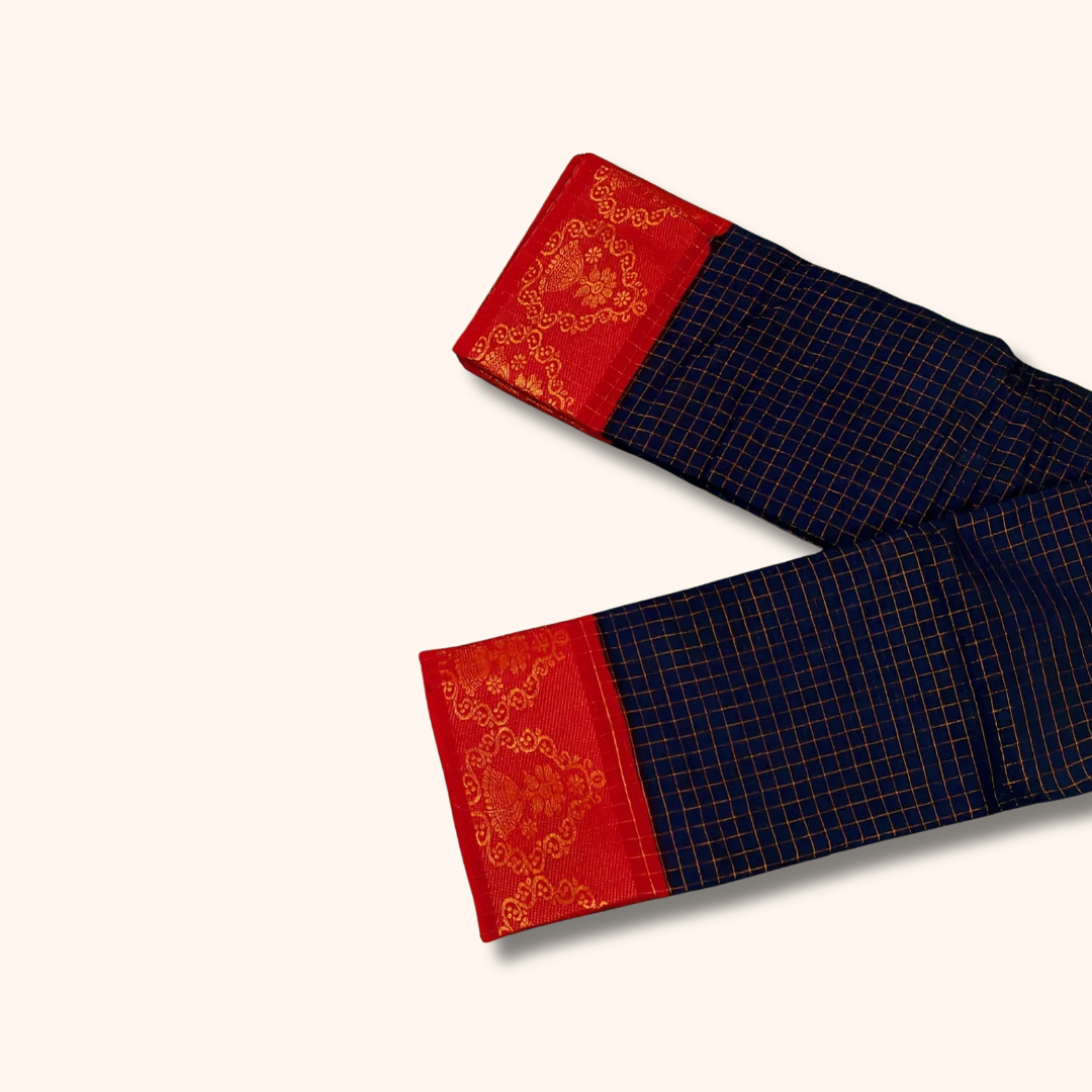 Dark Navy Blue Sungudi Cotton Saree with Red Zari Border