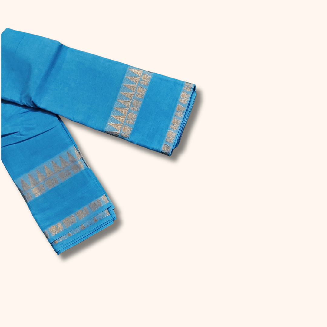 Sky Blue Cotton Saree with Gold Zari Stripes & Traditional Border – Running Blouse