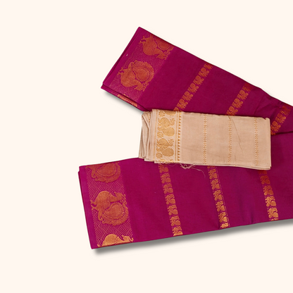Magenta Pink Cotton Saree with Gold Zari Stripes & Peacock Border – Separate Blouse Piece