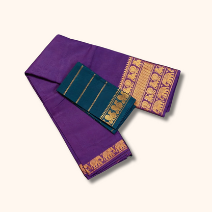 Purple Pure Cotton Saree with Teal Blue Contrast Blouse