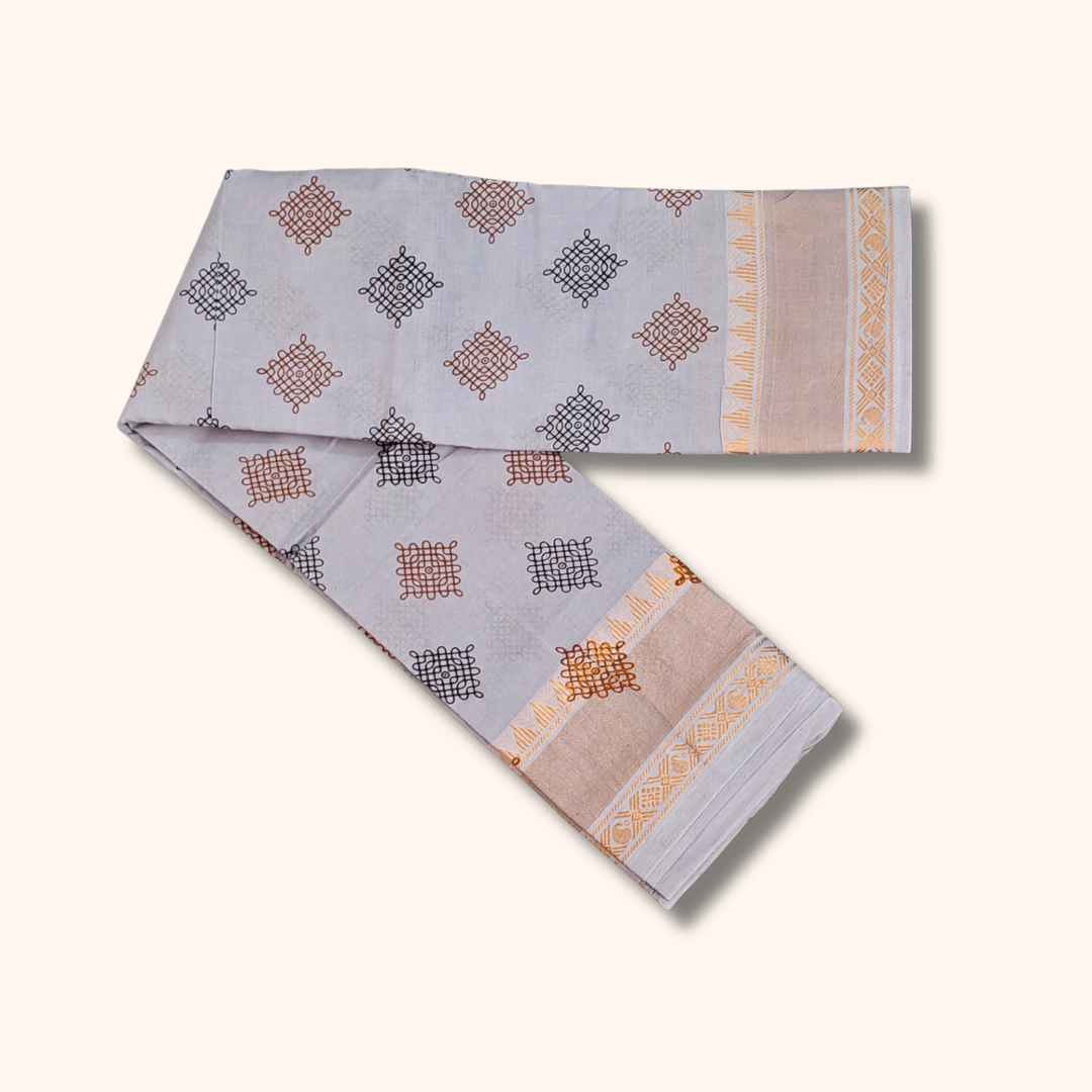 Light Blueish Grey Sungudi Cotton Saree with Kolam Print & Gold Zari Border