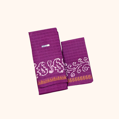 Magenta Purple Batik Print with Separate Blouse Piece Sungudi Cotton Saree