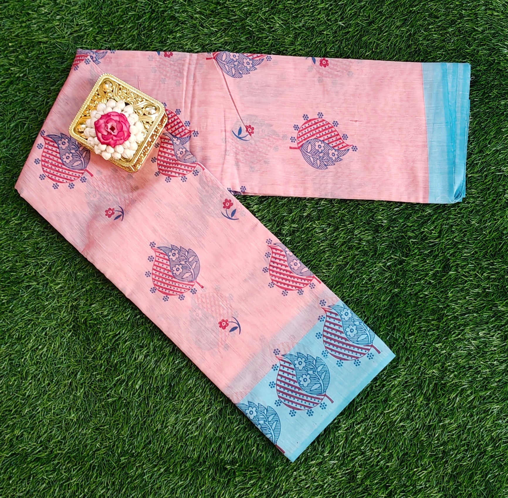 Blush Pink with Sky Blue Border South Indian Pure Cotton Printed Saree