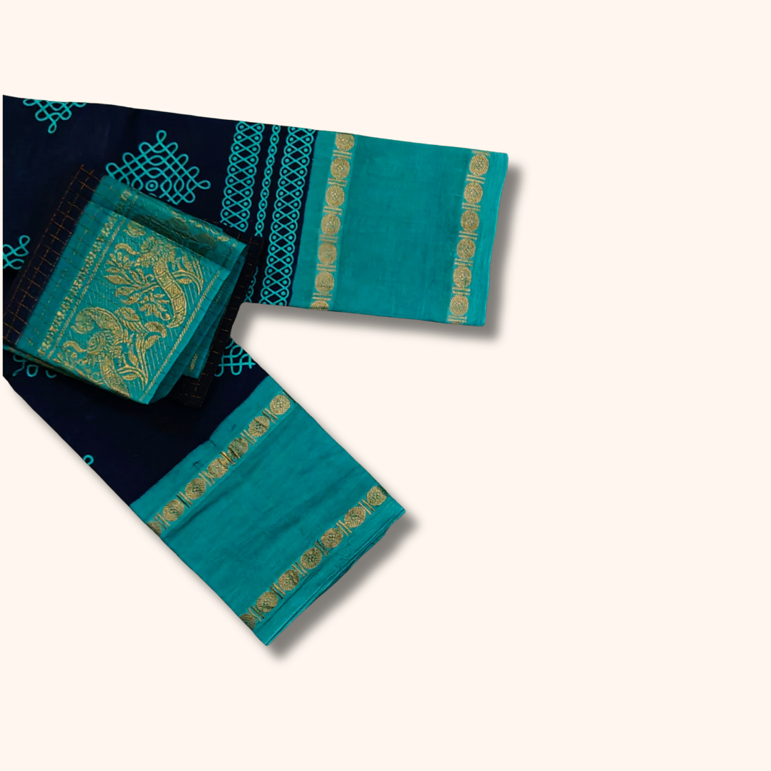 Navy Blue Sungudi Cotton Saree with Aqua Blue Contrast Blouse Piece