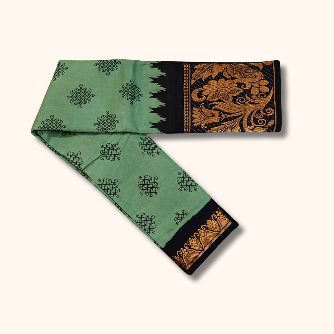 Mint Green Kolam Sungudi Cotton Saree with Black Floral Heritage Border