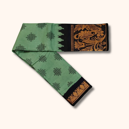 Mint Green Kolam Sungudi Cotton Saree with Black Floral Heritage Border