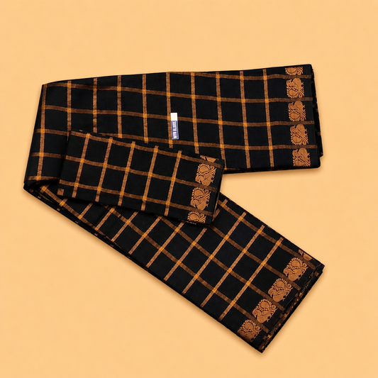 Black Pavithra Kattam Cotton Saree with Gold Elephant Border