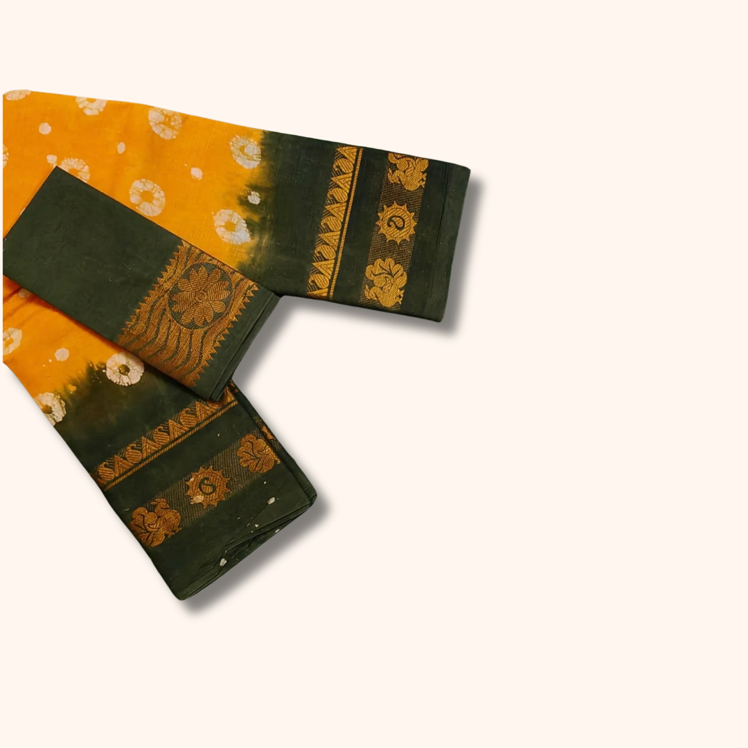 Mustard Yellow & Dark Green Pure Cotton Saree with Floral Zari Border – Running Blouse