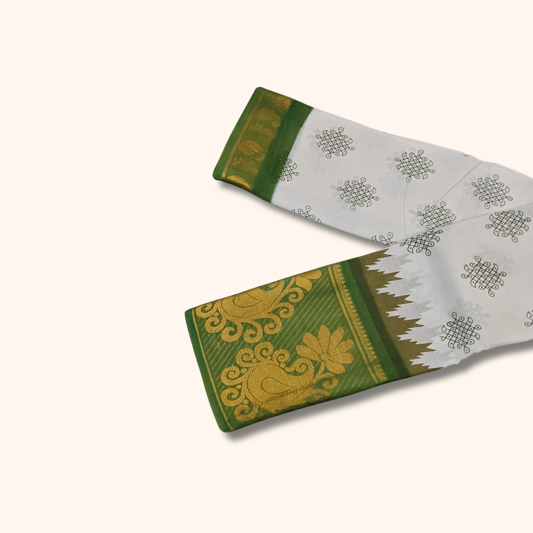 White & Bottle Green Traditional Sungudi Cotton Saree with Designer Green Zari Border