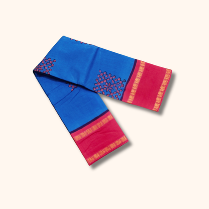 Blue Cotton Saree with Pink Border – Running Blouse