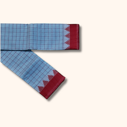 Light Blue Pure Chettinad Cotton Saree with Maroon Checked Border