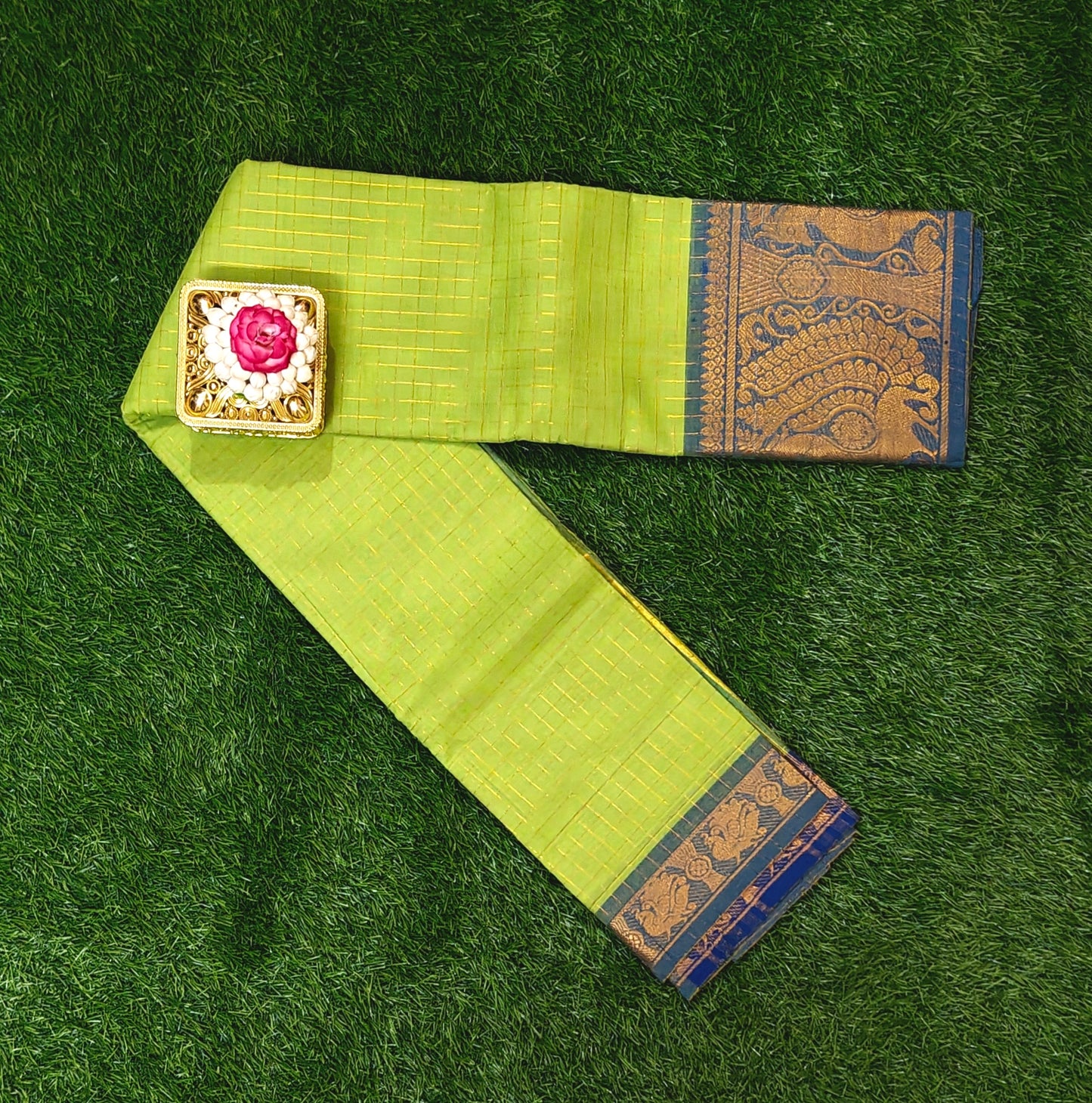 Parrot Green Checked Chettinad Cotton Saree with Peacock Zari Border