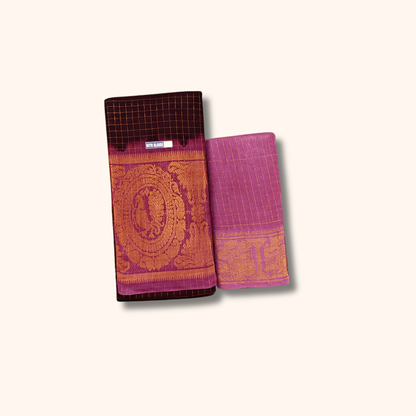 Chocolate Brown & Magenta Checked Cotton Saree with Rich Zari Border – Separate Blouse Piece