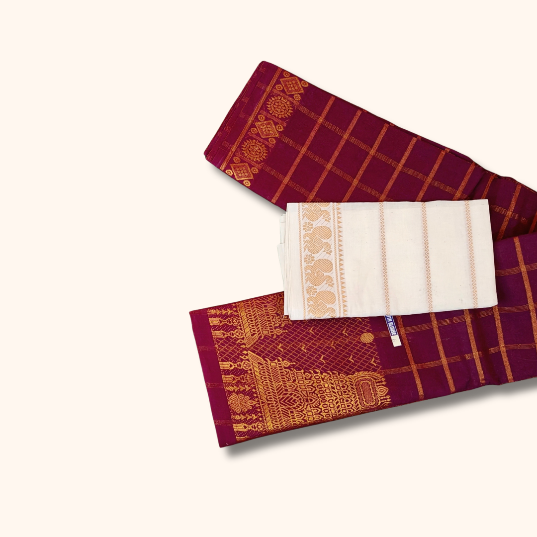 Maroon Checked Cotton Saree with Gold Zari & White Blouse