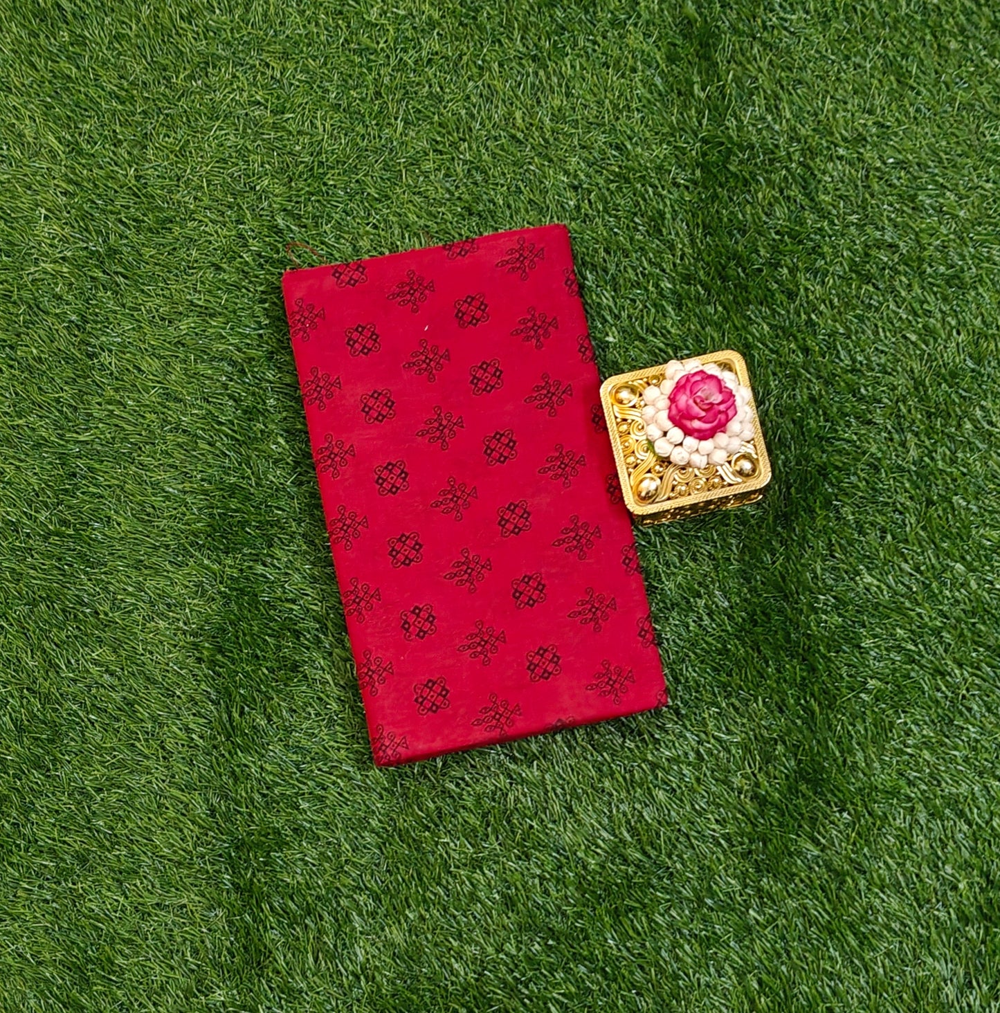 Red Sungudi Cotton Saree with Traditional Block Print Design