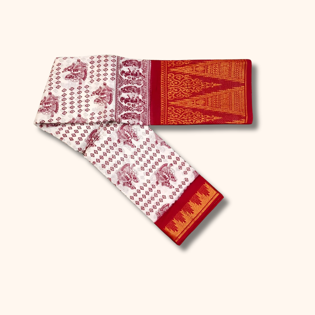 White Printed Cotton Saree with Red Temple Border