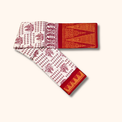 White Printed Cotton Saree with Red Temple Border