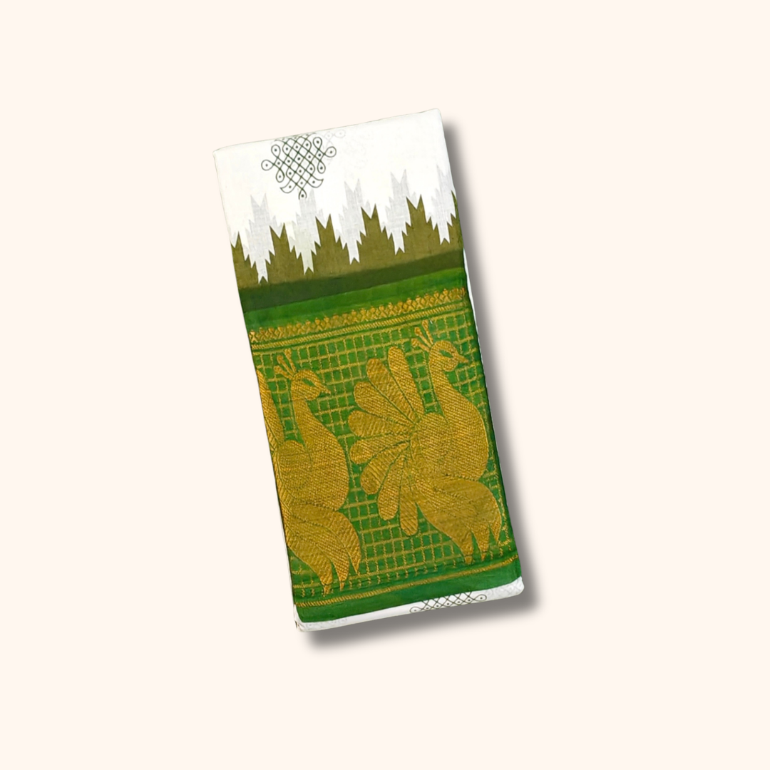 White & Green Peacock Border Kolam Sungudi Cotton Saree