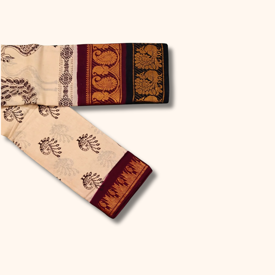 Cream Printed Sungudi Cotton Saree with Maroon & Black Peacock Zari Border