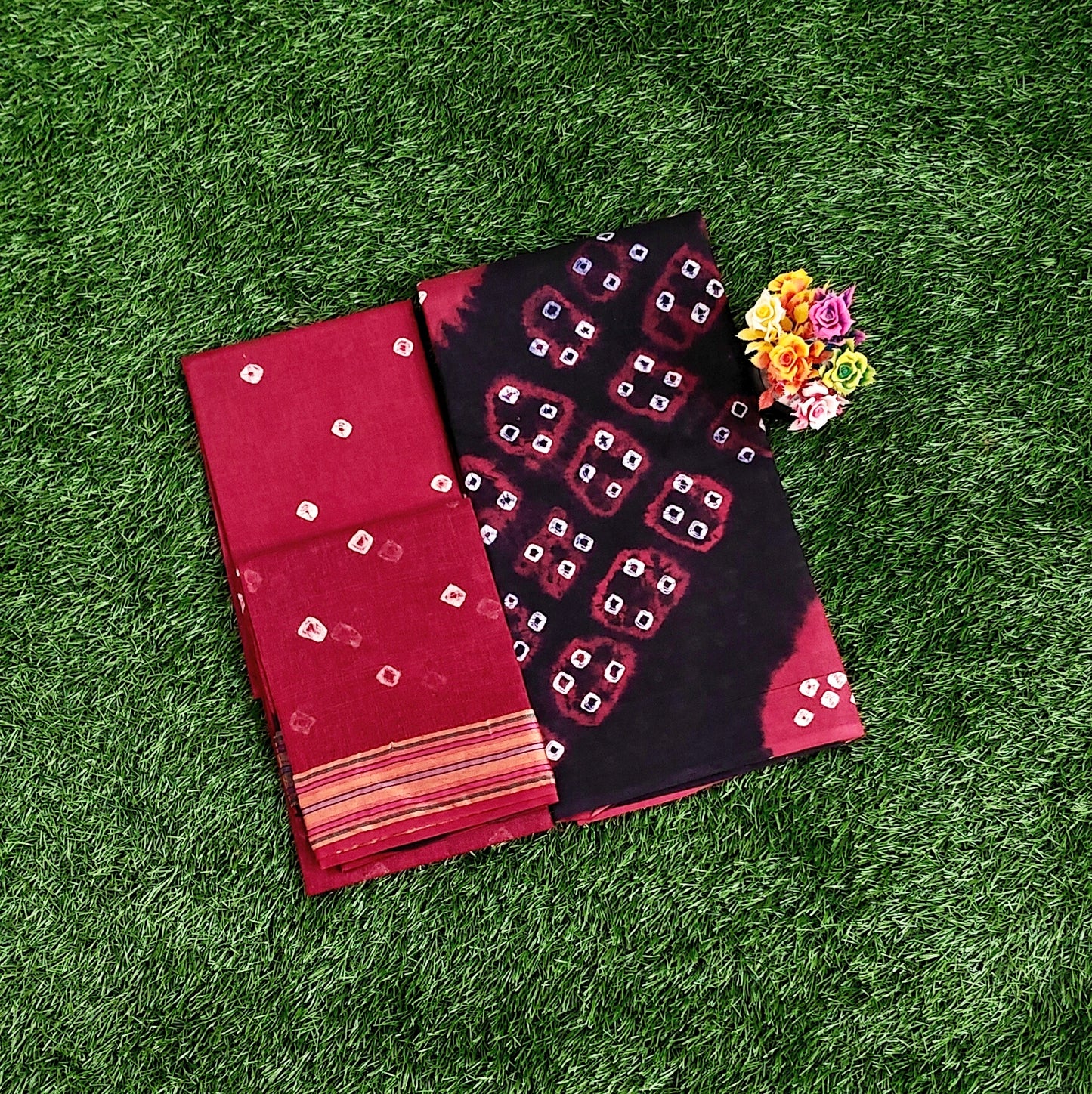Classic Maroon & Black Sungudi Cotton Chudidar Material Set with Bandhani Tie-Dye Prints