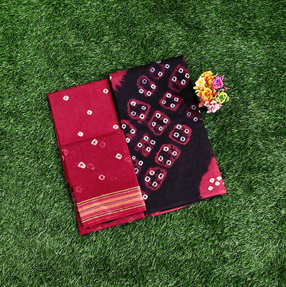 Classic Maroon & Black Sungudi Cotton Chudidar Material Set with Bandhani Tie-Dye Prints