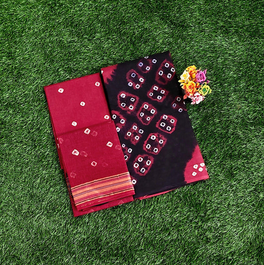Classic Maroon & Black Sungudi Cotton Chudidar Material Set with Bandhani Tie-Dye Prints