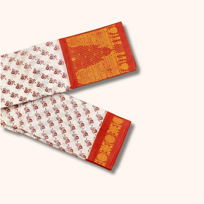 Off-White Cotton Saree with Maroon Floral Print & Red Gold Zari Border – No Blouse