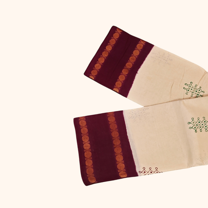 Cream Cotton Saree with Maroon Border and Traditional Motifs – Running Blouse