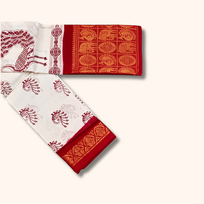 White Peacock Printed Sungudi Cotton Saree with Elephant Border