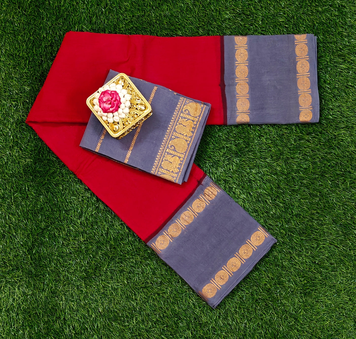 Pure Cotton Sungudi Saree Grey with Maroon Border