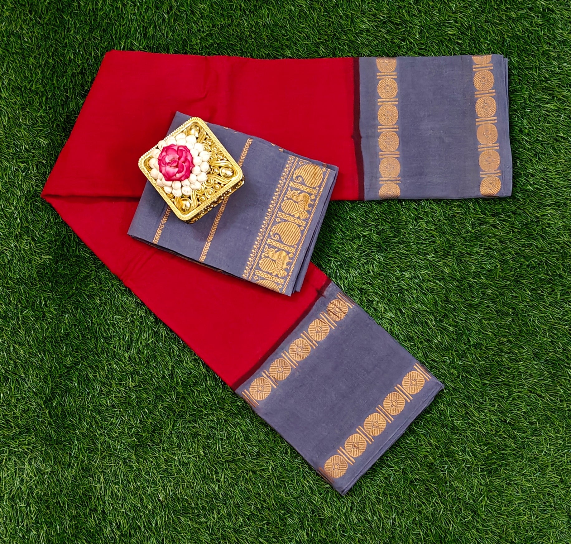 Authentic Pure Cotton Sungudi Saree Grey with Maroon Border