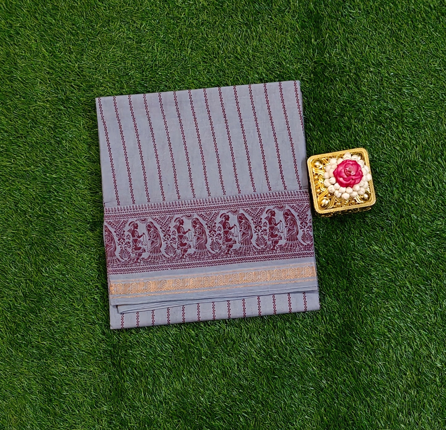 Light Grey Cotton Saree with Traditional Maroon Border Design