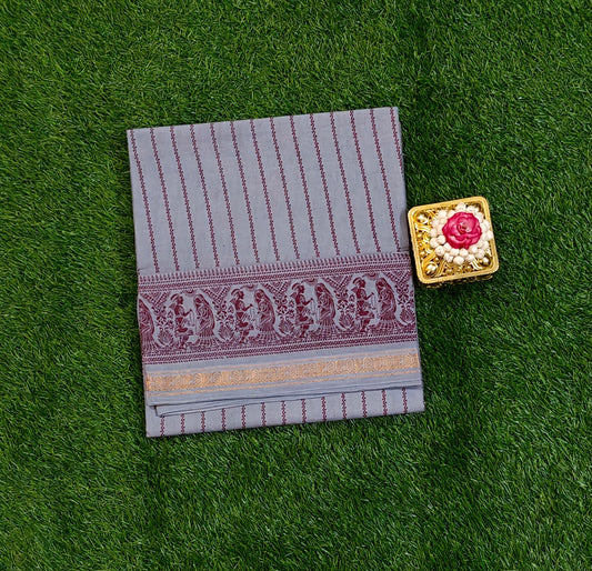 Light Grey Cotton Saree with Traditional Maroon Border Design