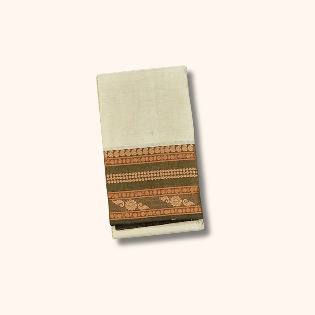 Off White Chettinad Cotton Saree with Olive Green Traditional Border