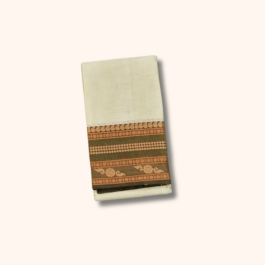 Off White Chettinad Cotton Saree with Olive Green Traditional Border