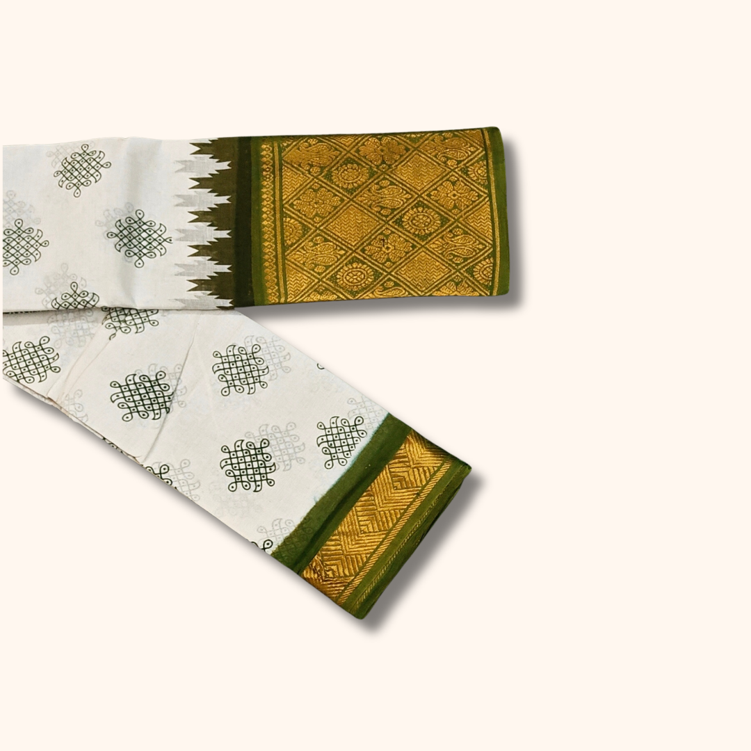 White & Olive Green Traditional Sungudi Cotton Saree with Designer Green Zari Border