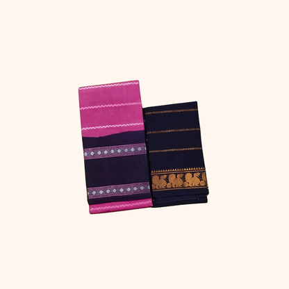 Pink & Navy Blue Sungudi Cotton Saree with Zari Border – Separate Blouse Piece