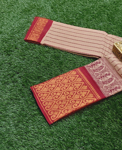 Beige Sungudi Cotton Saree with Leaf Border