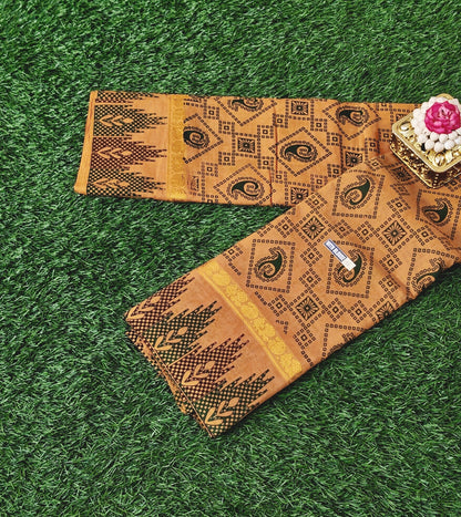 Rust Orange Sungudi Cotton Saree with Geometric Print & Contrast Zari Border