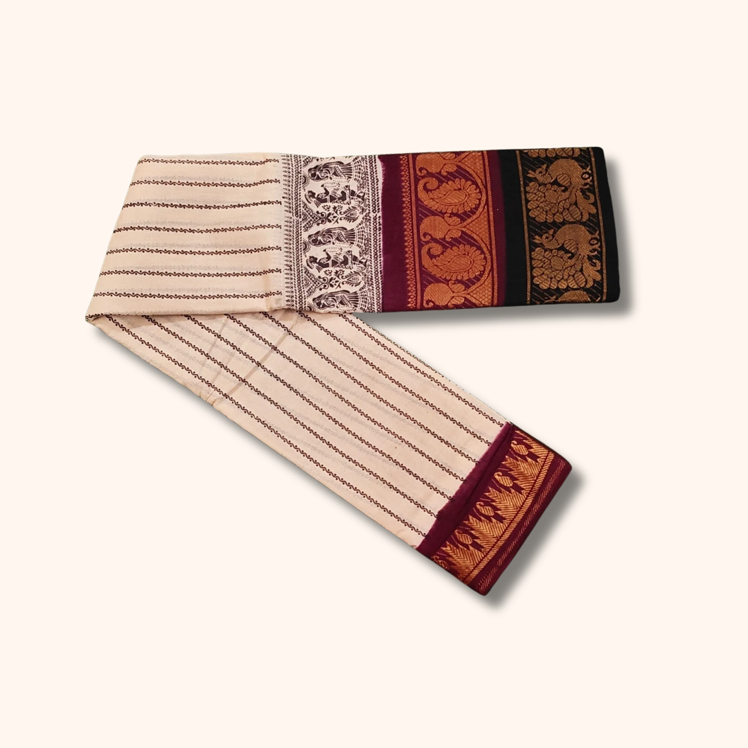 Double Border Sungudi Cotton Saree with Traditional Folk Art Design