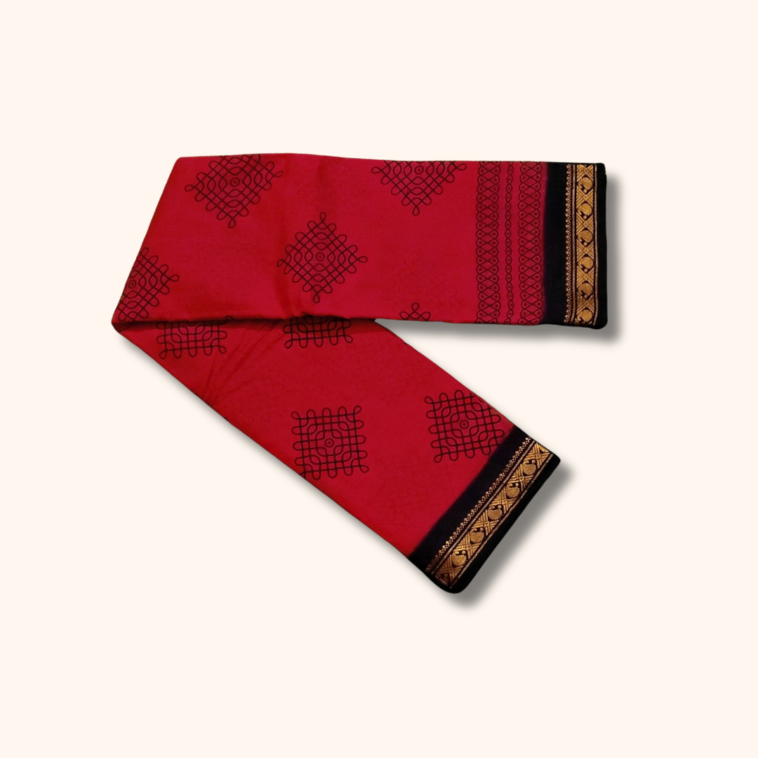 Red Kolam Cotton Saree with Black & Gold Zari Border – Running Blouse