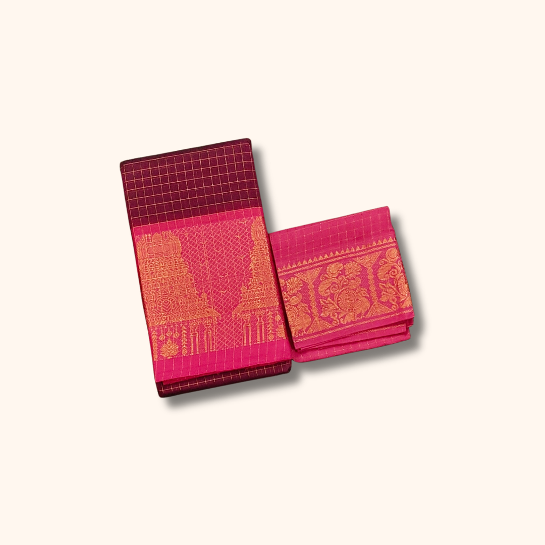 Maroon Temple Border Cotton Saree with Pink Pallu Separate Blouse Piece