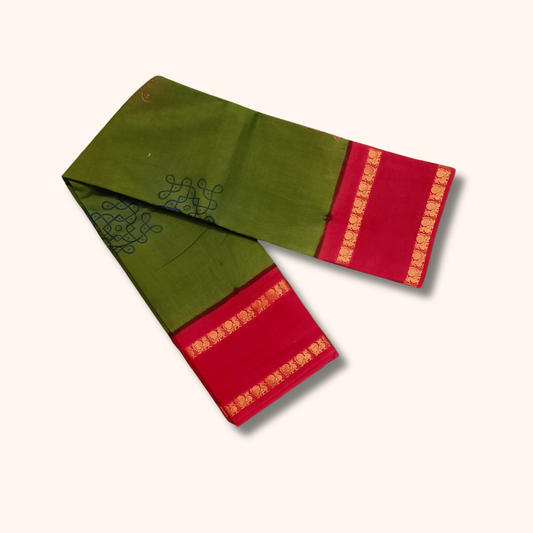 Olive Green Sungudi Cotton Saree with Pink Border
