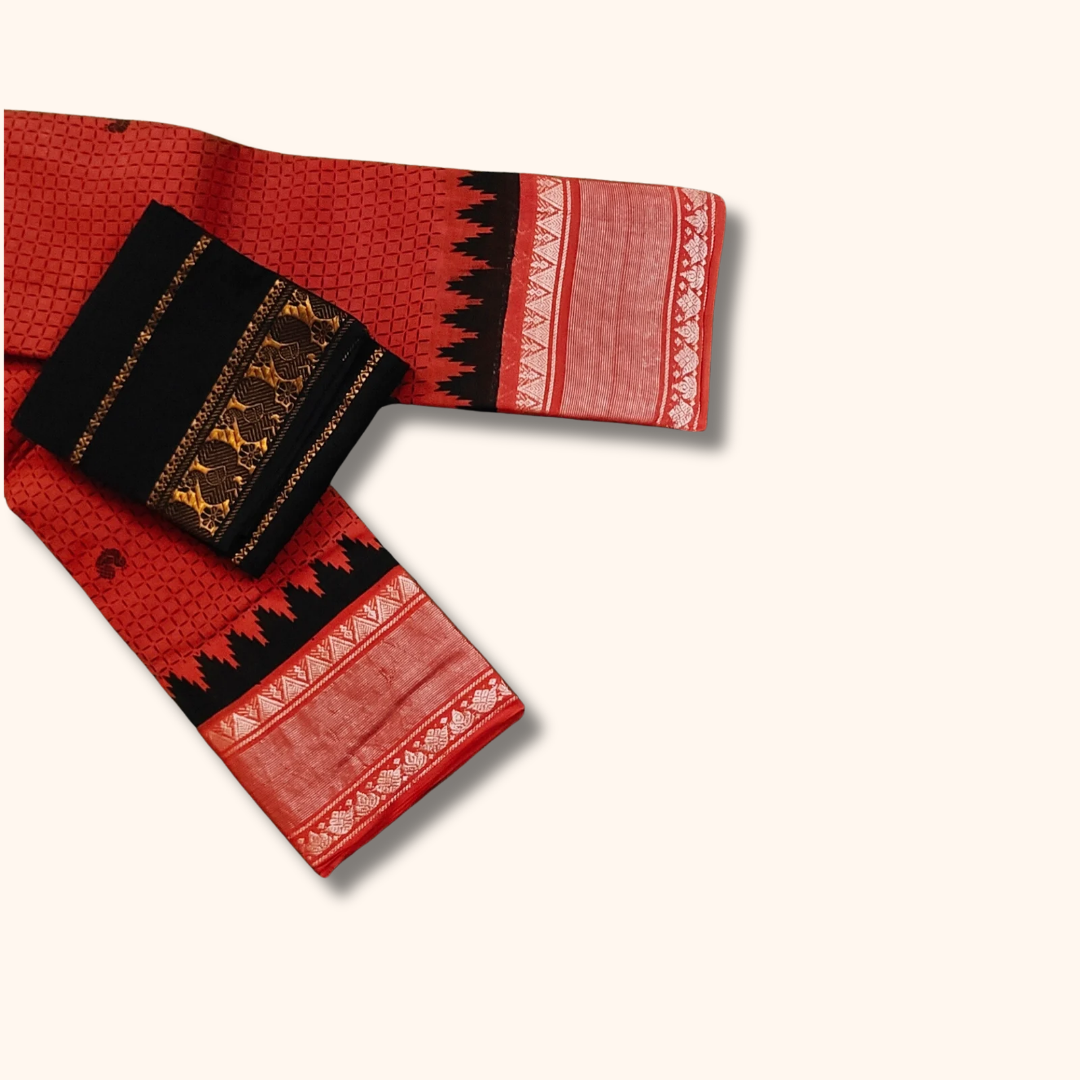 Tomato Red Sungudi Cotton Saree with Silver Zari Temple Border & Coffee Brown Blouse