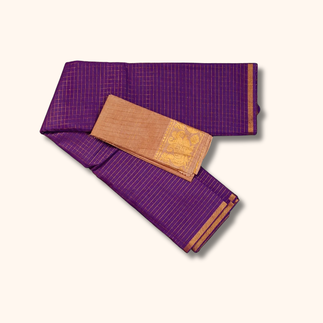 Purple Checked Sungudi Cotton Saree with Beige Peacock Zari Border