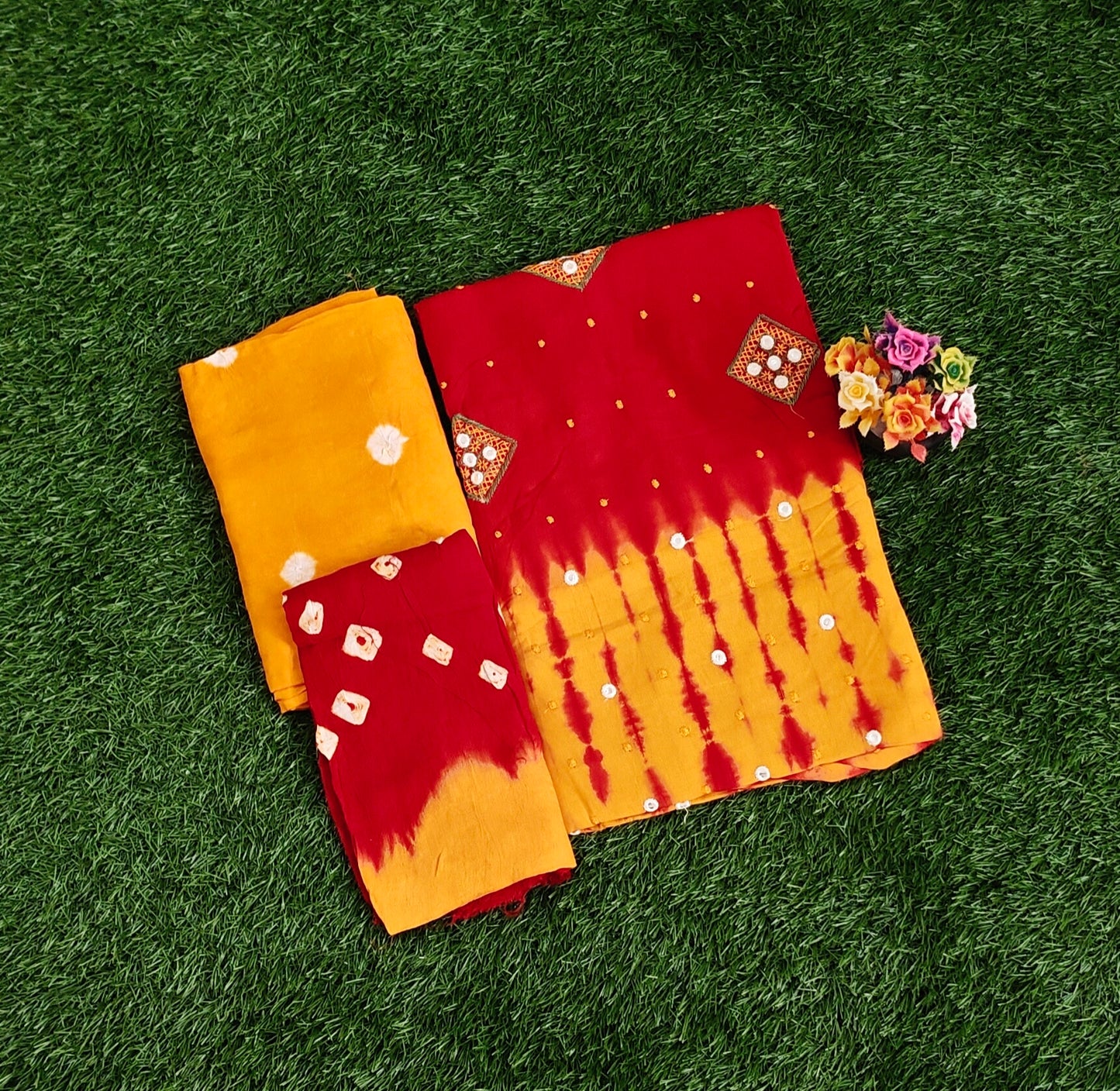 Red & Yellow Sungudi Cotton Chudidar Material Set with Tie-Dye & Bandhani Work